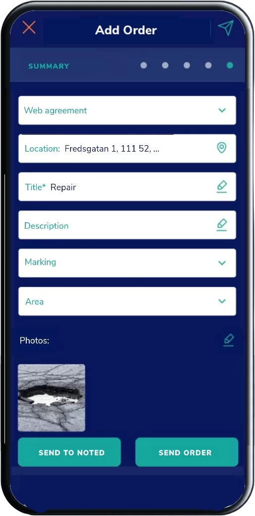Pantalla de la app CPOT en un móvil: el formulario de un pedido nuevo, con la dirección, el título de la reparación, la foto de un bache y el botón de enviar el pedido.