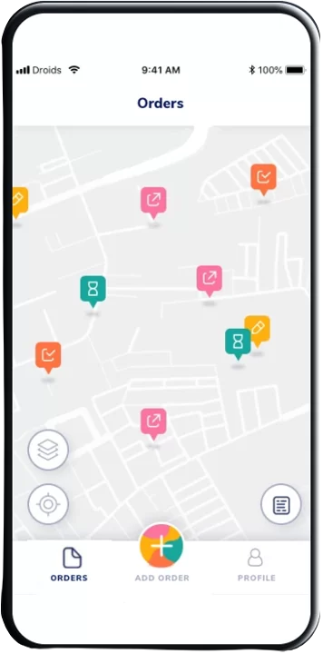 Pantalla de la app CPOT en un móvil: un mapa con los avisos de reparación marcados y, debajo, la barra con pedidos, nuevo pedido y perfil.